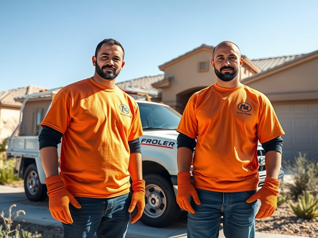 Spray foam insulation crew standing in front of a stucco desert home near Glendale, Arizona