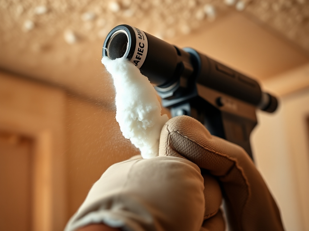 Close-up of a spray foam insulation gun applying cured foam texture