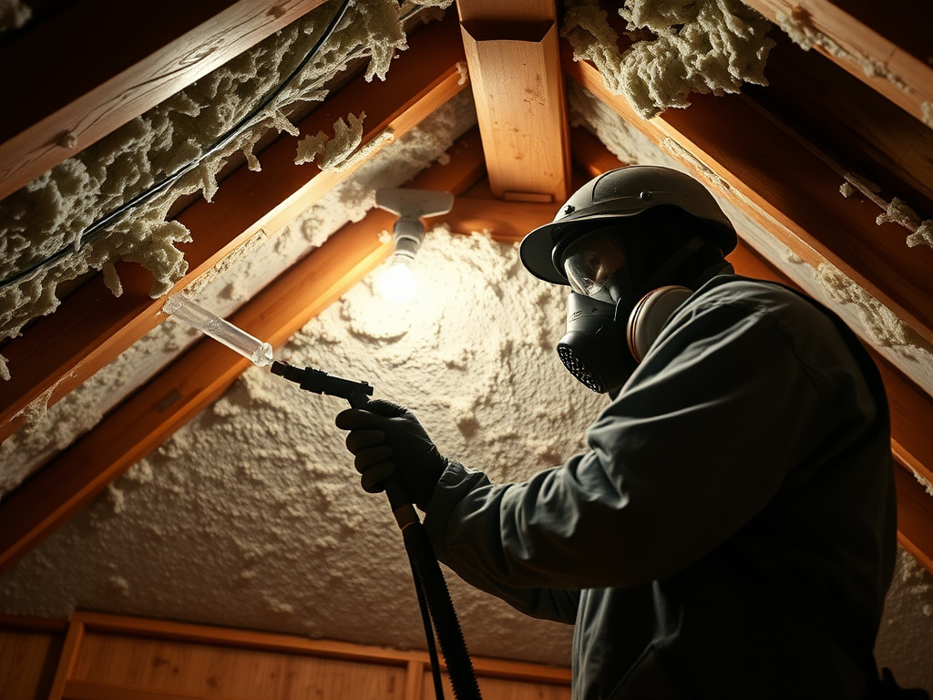 Technician spraying foam insulation onto an attic roof deck